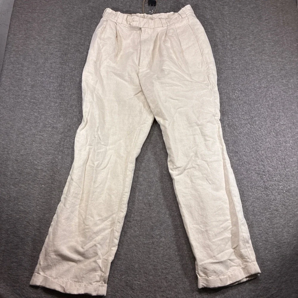Perry Ellis Linen Pants Mens 33x32 Beige Pleated Cotton Blend Missing Buttons